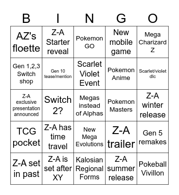 Pokemon Presents Bingo Card