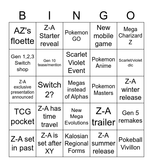 Pokemon Presents Bingo Card