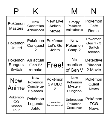 Pokémon Presents 2024 Bingo Card