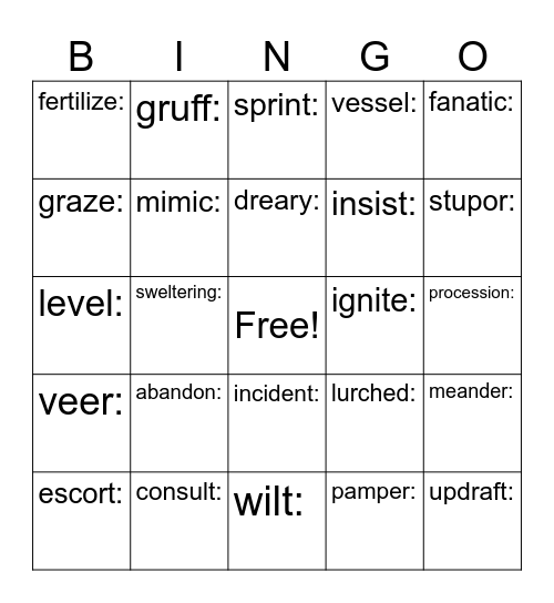 Wild Robot Vocabulary Bingo Card