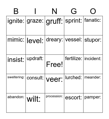 Wild Robot Vocabulary Bingo Card