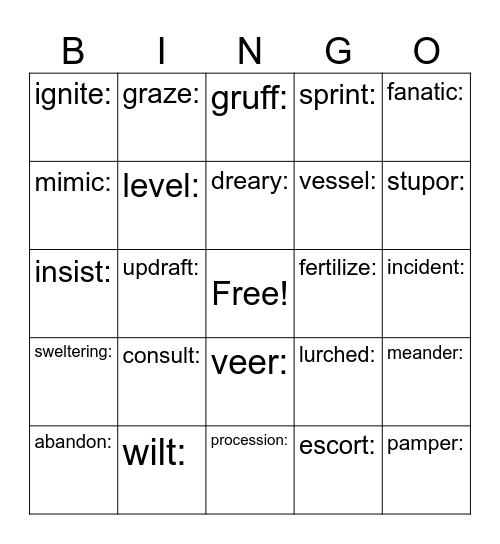 Wild Robot Vocabulary Bingo Card
