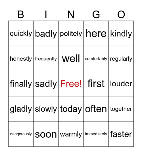 Adverb Bingo! Bingo Card
