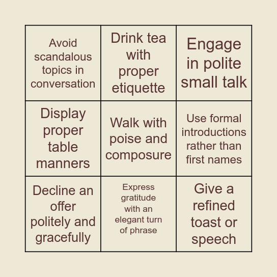 Regency Manners Bingo Card