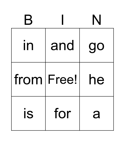 Sight Words Bingo Card