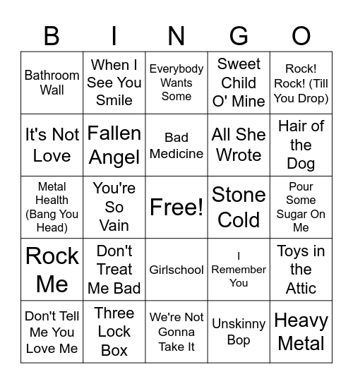 Hair Bands Bingo Card