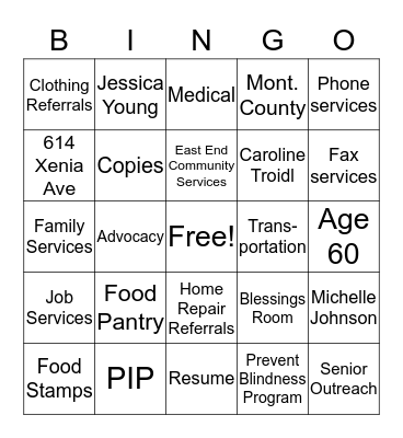 Senior Outreach Services Bingo Card