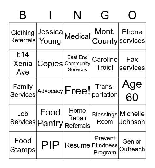 Senior Outreach Services Bingo Card