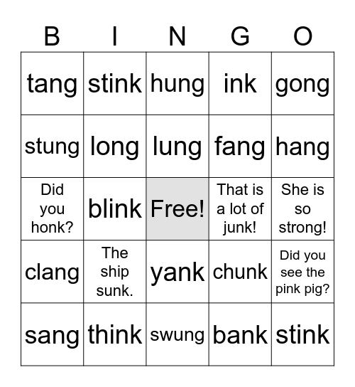 -ng, -nk Bingo Card