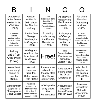 Primary & Secondary Sources Bingo Card