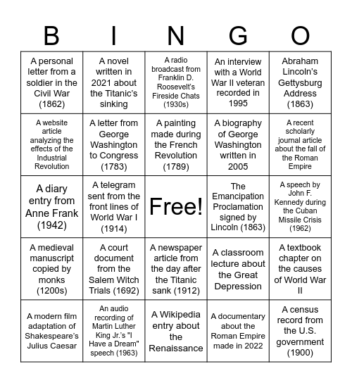 Primary & Secondary Sources Bingo Card