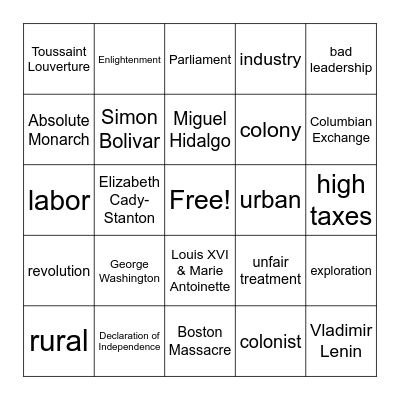 Exploration, Colonies and Revolutions Bingo Card