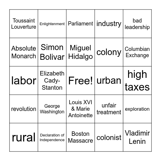 Exploration, Colonies and Revolutions Bingo Card
