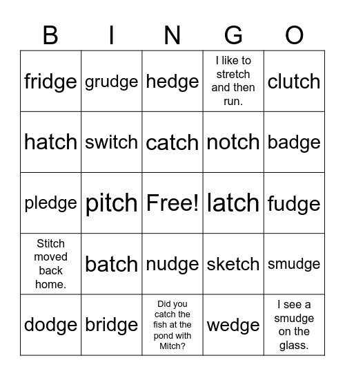-tch, -dge Bingo Card
