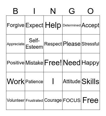 Life Skill Word BINGO Card