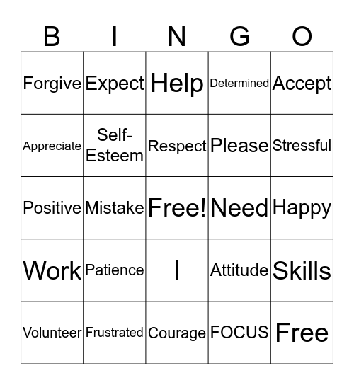 Life Skill Word BINGO Card