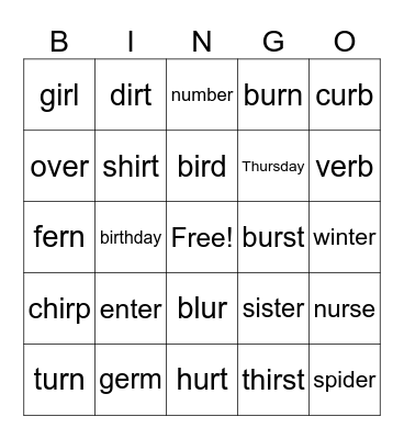 Bossy R (-er, -ir, -ur) Bingo Card