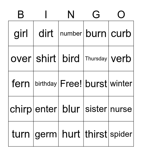Bossy R (-er, -ir, -ur) Bingo Card