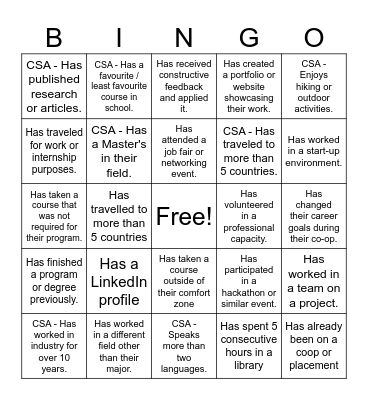 Co-op Student Appreciation Bingo Card