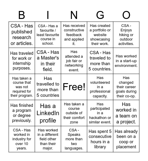 Co-op Student Appreciation Bingo Card