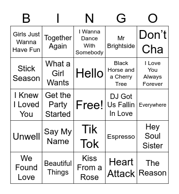 Pop Hits Bingo Card
