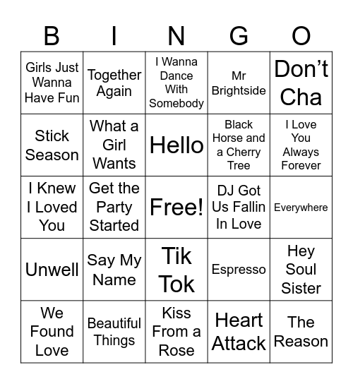 Pop Hits Bingo Card