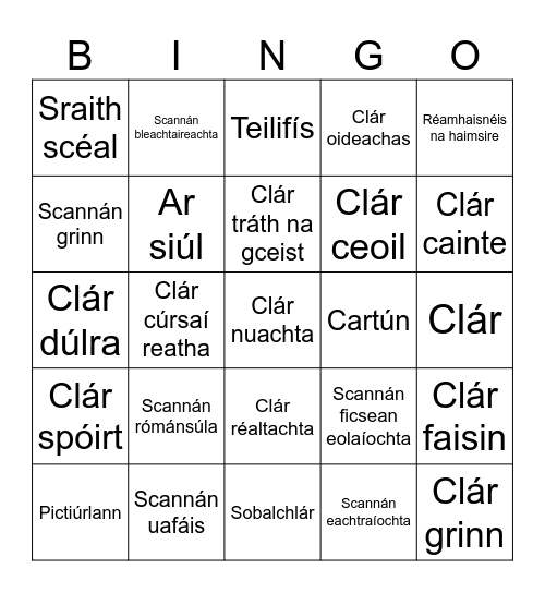 Cláir teilifíse agus scannáin Bingo Card