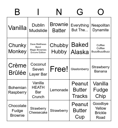 Ben & Jerry's Ice Cream Bingo Card