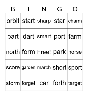 r-Controlled Vowels or, ore, oar, and ar Bingo Card