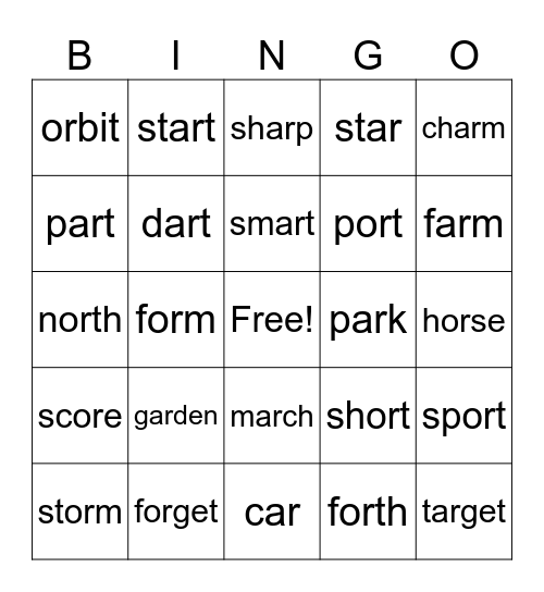 r-Controlled Vowels or, ore, oar, and ar Bingo Card