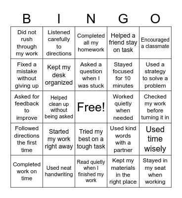 Work habits Bingo Card