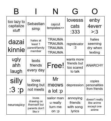 Me bingo 2.0 out of boredom Bingo Card