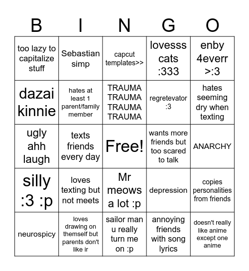Me bingo 2.0 out of boredom Bingo Card