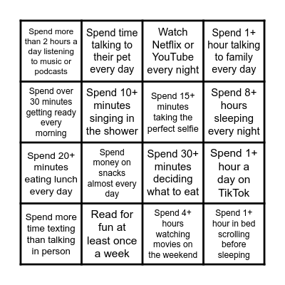 Do you typically...? Bingo Card