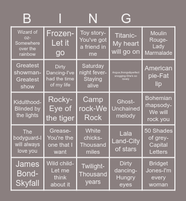 SONGS FROM MOVIES MUSIC BINGO Card