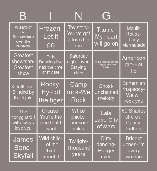 SONGS FROM MOVIES MUSIC BINGO Card
