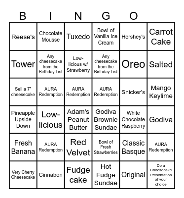 Cheesecake Bingo Card