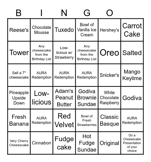 Cheesecake Bingo Card