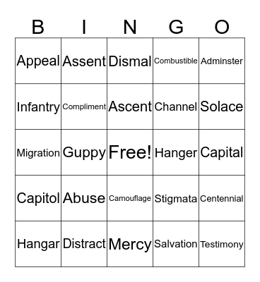 Vocabulary in Action Ch. 2 Bingo Card