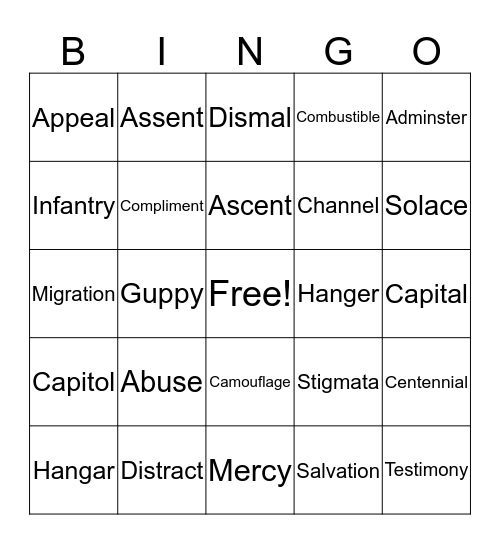 Vocabulary in Action Ch. 2 Bingo Card