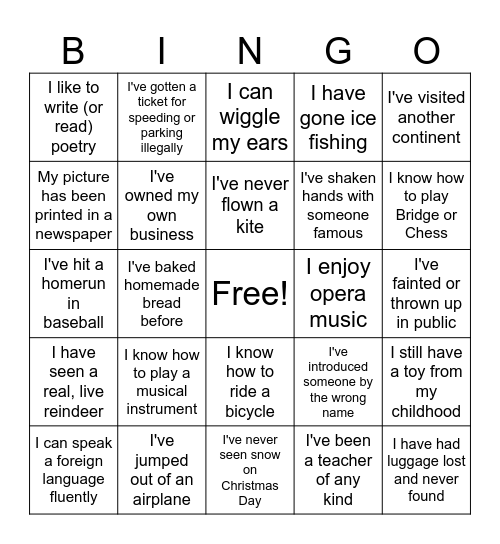 Life Experience Bingo Card