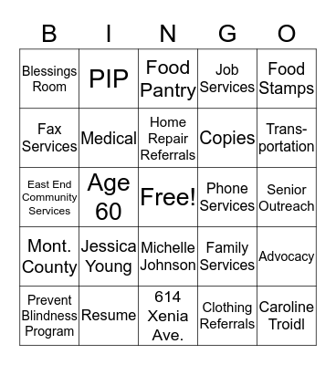 Senior Outreach Services Bingo Card