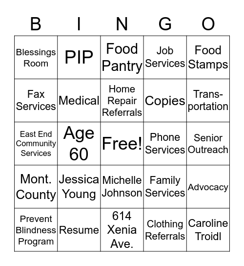 Senior Outreach Services Bingo Card