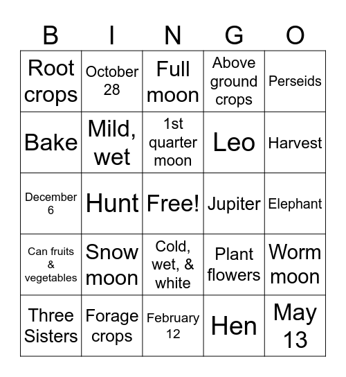 Almanac Bingo Card