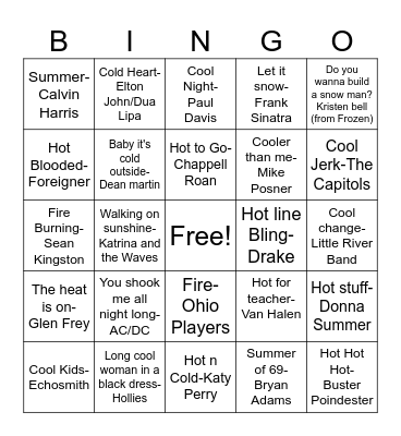 NB1 Warm me up/Cool me down! Bingo Card
