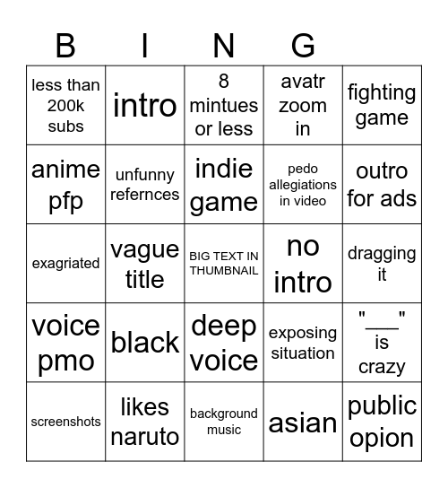 commentary youtber Bingo Card