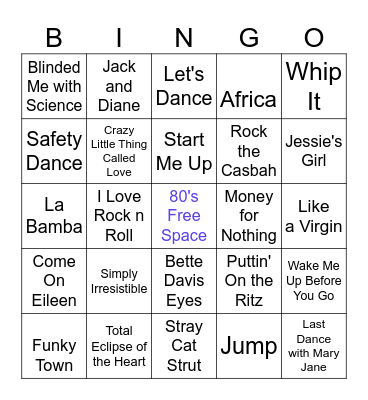 80's Songs Bingo Card