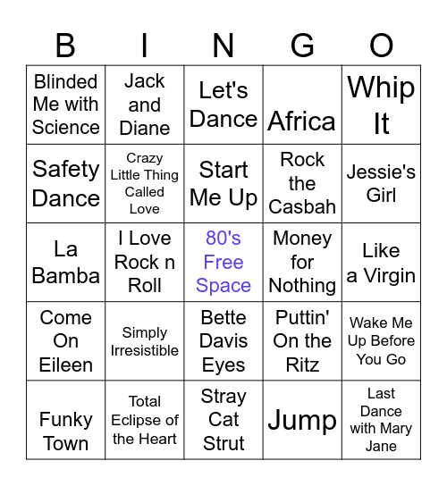 80's Songs Bingo Card