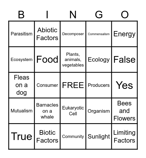Ecosystems Bingo Card