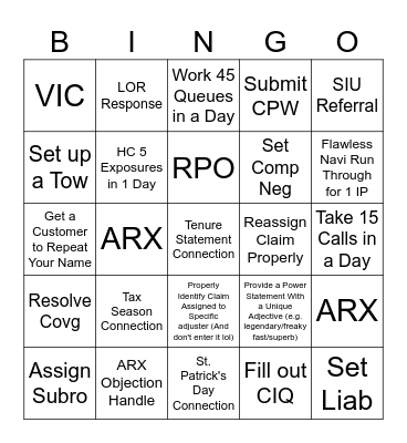 Claims Bingo Card